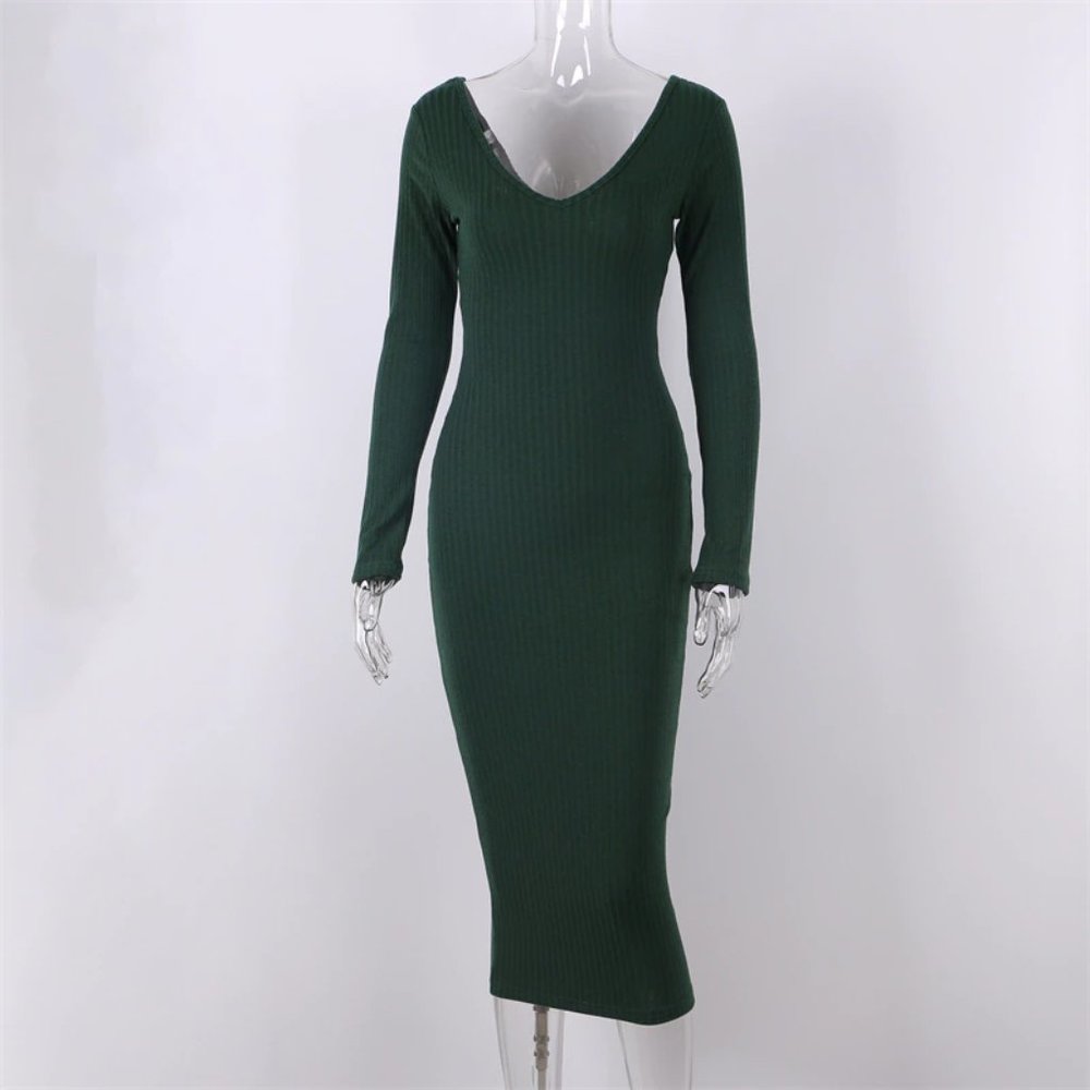 "ANGORA" Ribbed knit midi longsleeve dress in Green